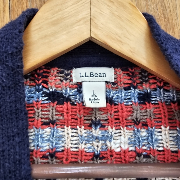 LL Bean cotton ragg open front cardigan sweater fair isle nordic heavyweight L - Picture 6 of 6